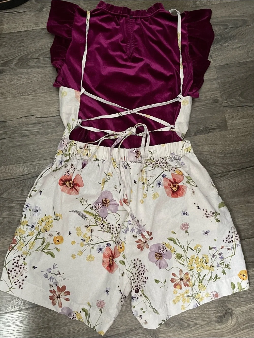 🌷🎀 Elegant H&M Linen-Blend Cottagecore Bib Shorts w/ GAP Plum Ruffled Top